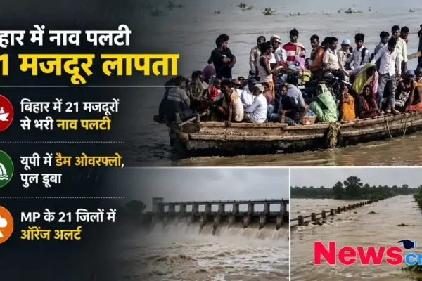 बिहार में नाव पलटने से 21 मजदूरों के लापता होने और यूपी-एमपी में बाढ़ व ऑरेंज अलर्ट से जुड़े समाचार का ग्राफिक - न्यूज़ क्रिटिक