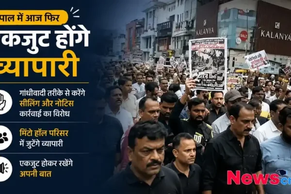 भोपाल में व्यापारियों द्वारा सीलिंग और नोटिस कार्रवाई के विरोध में मिंटो हॉल परिसर में एकजुट होने की खबर को दर्शाता News Critic का बैनर।