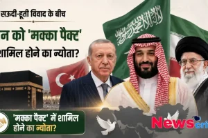 सऊदी-हूती विवाद के बीच ईरान को 'मक्का पैक्ट' में शामिल होने के न्योते को दर्शाता न्यूज़ क्रिटिक का ग्राफ़िक, जिसमें तुर्किए के राष्ट्रपति एर्दोगन, सऊदी क्राउन प्रिंस मोहम्मद बिन सलमान और ईरान के सर्वोच्च नेता अयातुल्ला खामेनेई दिखाई दे रहे हैं।