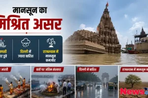 न्यूज़ क्रिटिक - देश में मानसून के मिश्रित असर को दर्शाता ग्राफ़िक, जिसमें वाराणसी के जलमग्न घाट, दिल्ली में बारिश और राजस्थान के सूखे हालात को एक साथ दिखाया गया है।