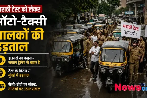 मुंबई में मराठी टेस्ट के विरोध में सड़क पर हड़ताल करते ऑटो-टैक्सी चालक, जिनके हाथों में 'मराठी टेस्ट रद्द करो' के पोस्टर हैं - News Critic