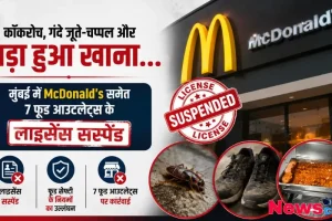 न्यूज़ क्रिटिक - मुंबई में McDonald's समेत 7 फूड आउटलेट्स के लाइसेंस सस्पेंड होने की जानकारी देता न्यूज़ ग्राफ़िक, जिसमें गंदगी और फूड सेफ्टी नियमों के उल्लंघन को दर्शाया गया है।