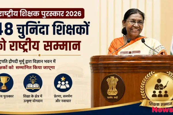 न्यूज़ क्रिटिक का ग्राफ़िक: विज्ञान भवन में राष्ट्रपति द्रौपदी मुर्मू द्वारा 48 चुनिंदा शिक्षकों को 'राष्ट्रीय शिक्षक पुरस्कार 2026' से सम्मानित किए जाने की जानकारी।