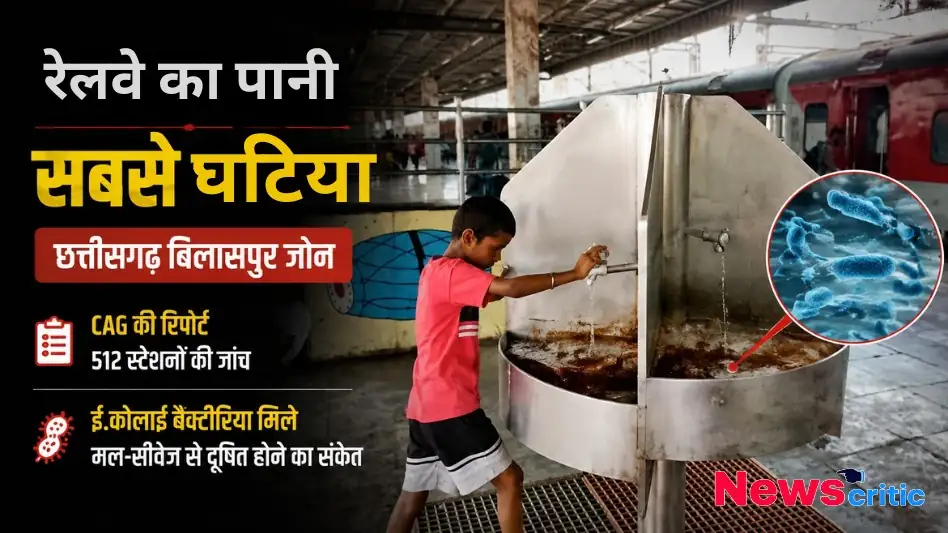 रेलवे का पानी सबसे घटिया, छत्तीसगढ़ बिलासपुर जोन में CAG की रिपोर्ट के अनुसार 512 स्टेशनों की जांच में ई-कोलाई बैक्टीरिया मिले, जो मल-सीवेज से दूषित होने का संकेत देते हैं, देखिए News Critic पर।