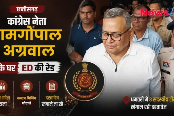 न्यूज़ क्रिटिक (News Critic) का ग्राफ़िक जिसमें छत्तीसगढ़ के कांग्रेस नेता रामगोपाल अग्रवाल के घर शराब-कोल और कस्टम मिलिंग घोटाले को लेकर ED की रेड और दस्तावेजों की जांच को दर्शाया गया है।