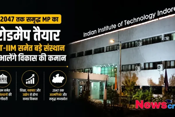 आईआईटी इंदौर (IIT Indore) की इमारत की तस्वीर के साथ मध्य प्रदेश के 2047 तक समृद्ध बनने के रोडमैप का न्यूज़ ग्राफ़िक - News Critic
