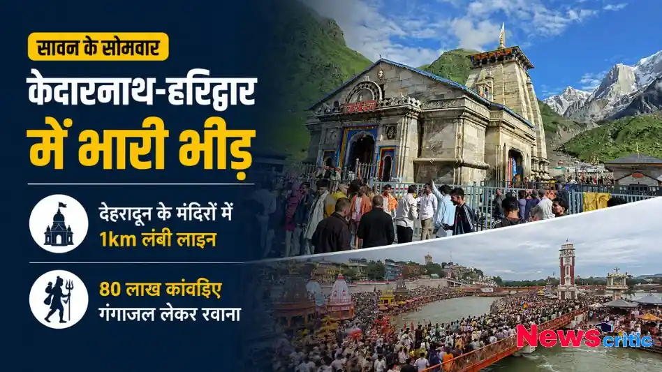 सावन के सोमवार पर केदारनाथ और हरिद्वार में भारी भीड़, देहरादून के मंदिरों में 1 किमी लंबी लाइन और 80 लाख कांवड़िए गंगाजल लेकर रवाना, न्यूज़ क्रिटिक पर पढ़ें।