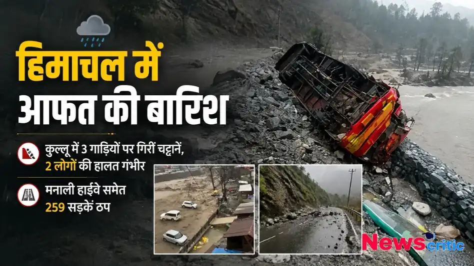 हिमाचल प्रदेश में आफत की बारिश, कुल्लू में गाड़ियों पर चट्टान गिरने और मनाली हाईवे समेत 259 सड़कें ठप होने से जुड़ा ग्राफिक्स - News Critic
