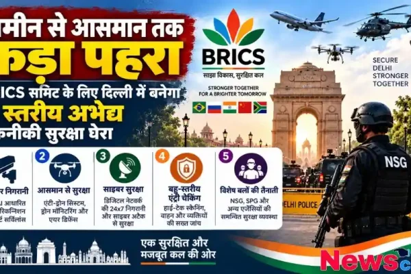 न्यूज़ क्रिटिक: दिल्ली में आयोजित होने वाले BRICS समिट 2026 के लिए NSG, ड्रोन, AI कैमरे और साइबर सुरक्षा सहित 5 स्तरीय अभेद्य तकनीकी सुरक्षा घेरे को दर्शाता इन्फोग्राफिक पोस्टर।