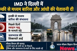 न्यूज़ क्रिटिक का ग्राफ़िक जिसमें IMD द्वारा दिल्ली में हल्की से मध्यम बारिश और आंधी की चेतावनी, साथ ही स्वाइन फ्लू के बढ़ते मामलों और जलभराव की जानकारी दी गई है।