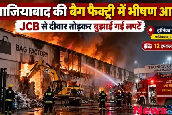 गाजियाबाद के ट्रॉनिका सिटी की एक बैग फैक्ट्री में लगी भीषण आग का दृश्य, जिसे बुझाने के लिए JCB मशीन से दीवार तोड़ी गई और मौके पर 12 दमकल गाड़ियां मौजूद हैं।