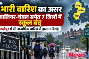 मध्य प्रदेश के ग्वालियर, चंबल और श्योपुर में भारी बारिश के कारण स्कूलों के बंद होने की खबर को दर्शाता न्यूज इन्फोग्राफिक। चित्र में 'SCHOOL CLOSED' का बोर्ड, बारिश में छाता लिए बच्चे और ग्वालियर किले की झलक दिखाई गई है।