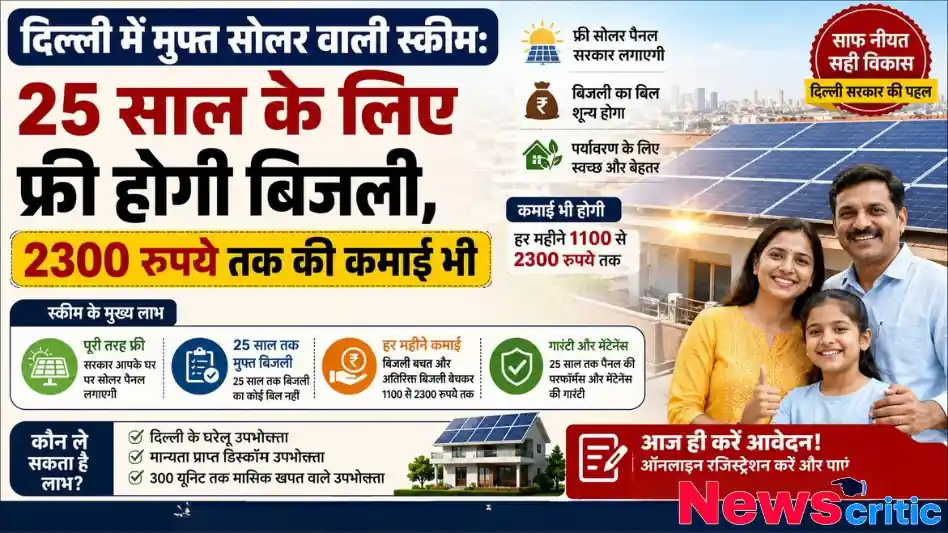दिल्ली सरकार की 'मुफ्त सोलर योजना' का इंफोग्राफिक जिसमें 25 साल तक फ्री बिजली और कमाई के लाभ बताए गए हैं - न्यूज़ क्रिटिक