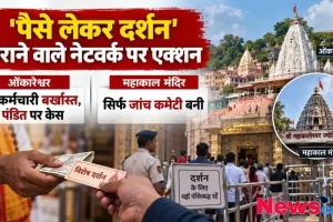 न्यूज़ इन्फोग्राफिक जिसमें 'पैसे लेकर दर्शन' कराने वाले नेटवर्क पर एक्शन की खबर है। ओंकारेश्वर और श्री महाकालेश्वर ज्योतिर्लिंग की तस्वीरों के साथ एक व्यक्ति को पैसे देकर 'विशेष दर्शन' की पर्ची लेते हुए दिखाया गया है।