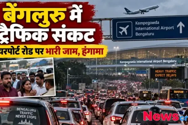 बेंग्लुरु के केम्पेगौड़ा अंतरराष्ट्रीय एयरपोर्ट रोड पर लगे भारी ट्रैफिक जाम और हंगामे को दर्शाता न्यूज इन्फोग्राफिक, जिसमें सड़क पर लंबी गाड़ियों की कतारें और परेशान यात्री दिखाई दे रहे हैं।
