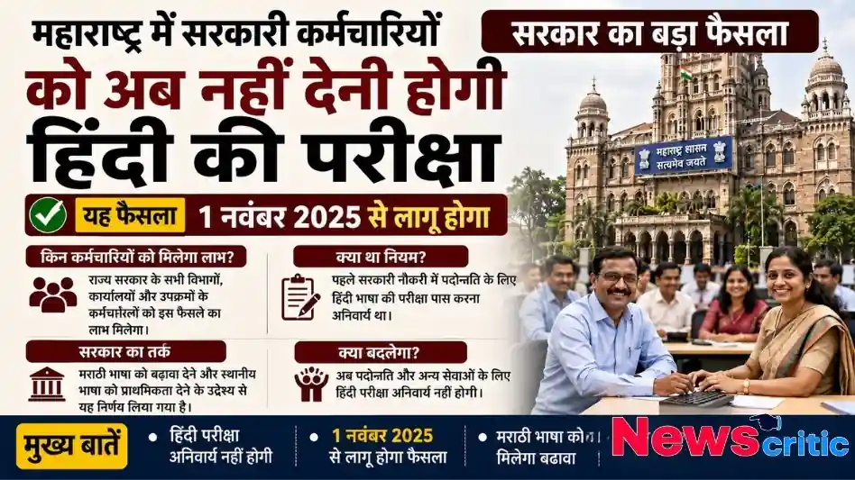 महाराष्ट्र में सरकारी कर्मचारियों के लिए हिंदी परीक्षा की अनिवार्यता खत्म होने के फैसले का न्यूज़ ग्राफ़िक - न्यूज़ क्रिटिक