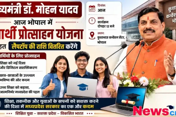 भोपाल में विद्यार्थी प्रोत्साहन योजना के तहत लैपटॉप की राशि वितरण कार्यक्रम का ग्राफिक, जिसमें मुख्यमंत्री डॉ. मोहन यादव और छात्र दिख रहे हैं - न्यूज़ क्रिटिक