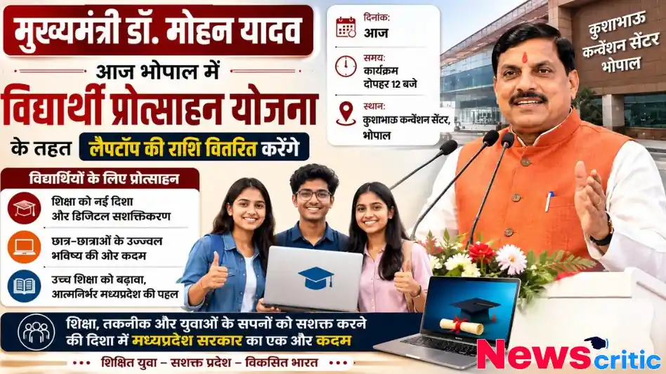 भोपाल में विद्यार्थी प्रोत्साहन योजना के तहत लैपटॉप की राशि वितरण कार्यक्रम का ग्राफिक, जिसमें मुख्यमंत्री डॉ. मोहन यादव और छात्र दिख रहे हैं - न्यूज़ क्रिटिक