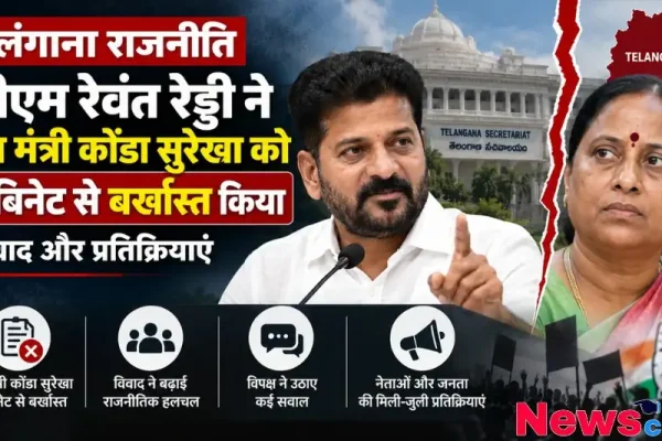 न्यूज़ क्रिटिक: तेलंगाना के सीएम रेवंत रेड्डी द्वारा वन मंत्री कोंडा सुरेखा को कैबिनेट से बर्खास्त करने की राजनीतिक खबर को दर्शाता इन्फोग्राफिक पोस्टर।