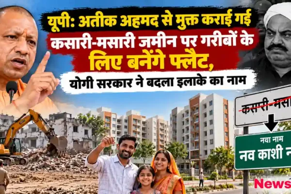News Critic की ग्राफिक इमेज जिसमें यूपी में अतीक अहमद से मुक्त कराई गई कसारी-मसरी जमीन पर गरीबों के लिए फ्लैट बनाने और योगी सरकार द्वारा इलाके का नाम बदलकर 'नव काशी नगर' किए जाने की जानकारी दिखाई गई है
