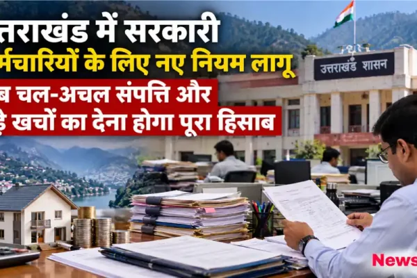 न्यूज़ क्रिटिक: उत्तराखंड शासन और कार्यालय में दस्तावेजों की जांच करते कर्मचारी, नए संपत्ति नियमों का विवरण।