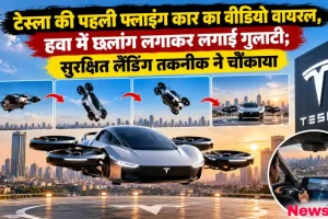 Alt Text (वैकल्पिक पाठ): News Critic की ग्राफिक इमेज जिसमें टेस्ला की पहली फ्लाइंग कार का वीडियो वायरल होने, हवा में छलांग लगाकर गुलाटी लगाने और उसकी सुरक्षित लैंडिंग तकनीक को दिखाया गया है。