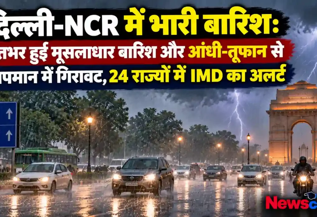 न्यूज़ क्रिटिक: दिल्ली-NCR में रातभर मूसलाधार बारिश और आंधी-तूफान के बाद तापमान में गिरावट तथा 24 राज्यों में IMD अलर्ट का समाचार ग्राफ़िक।