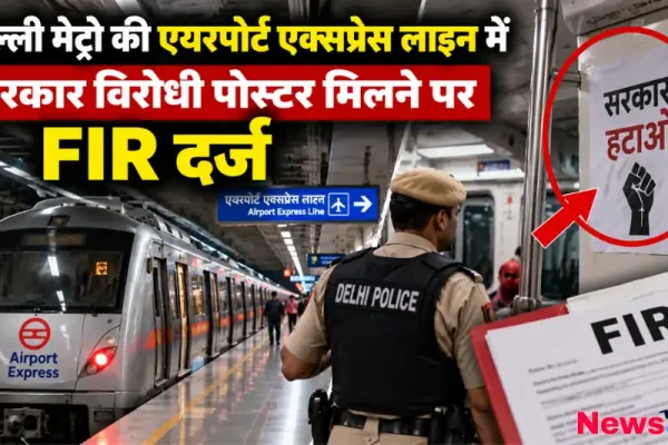 न्यूज़ क्रिटिक: दिल्ली मेट्रो की एयरपोर्ट एक्सप्रेस लाइन में लगे सरकार विरोधी पोस्टर और पुलिस द्वारा FIR दर्ज किए जाने का ग्राफिक।