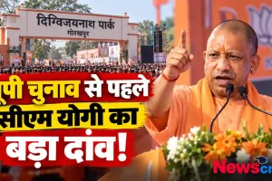 न्यूज़ क्रिटिक: यूपी चुनाव से पहले गोरखपुर के दिग्विजयनाथ पार्क में जनसभा को संबोधित करते सीएम योगी आदित्यनाथ का समाचार ग्राफ़िक।