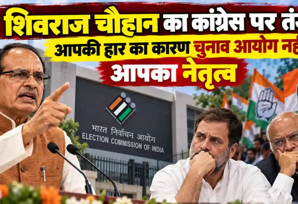 न्यूज़ क्रिटिक: कांग्रेस पर तंज कसते केंद्रीय मंत्री शिवराज सिंह चौहान, पृष्ठभूमि में भारत निर्वाचन आयोग, राहुल गांधी और मल्लिकार्जुन खड़गे का ग्राफ़िक चित्र।